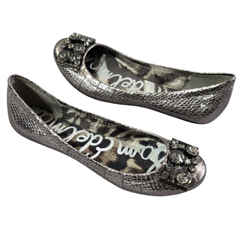 Sam Edelman Caper Metallic Pewter Snake Pattern Ballet Flats Beaded Bedazzled